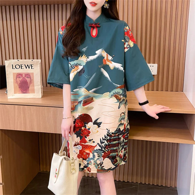 Mini robe à manches courtes pour femmes, robe trapèze décontractée, col montant, t-shirt imprimé vintage, style chinois, été
