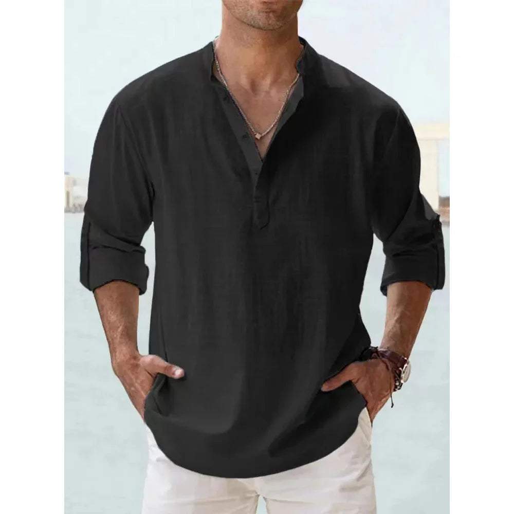 Nouvelles chemises en coton et lin pour hommes chemises décontractées légères à manches longues chemises de plage Henley t-shirts hawaïens pour hommes Streetwear