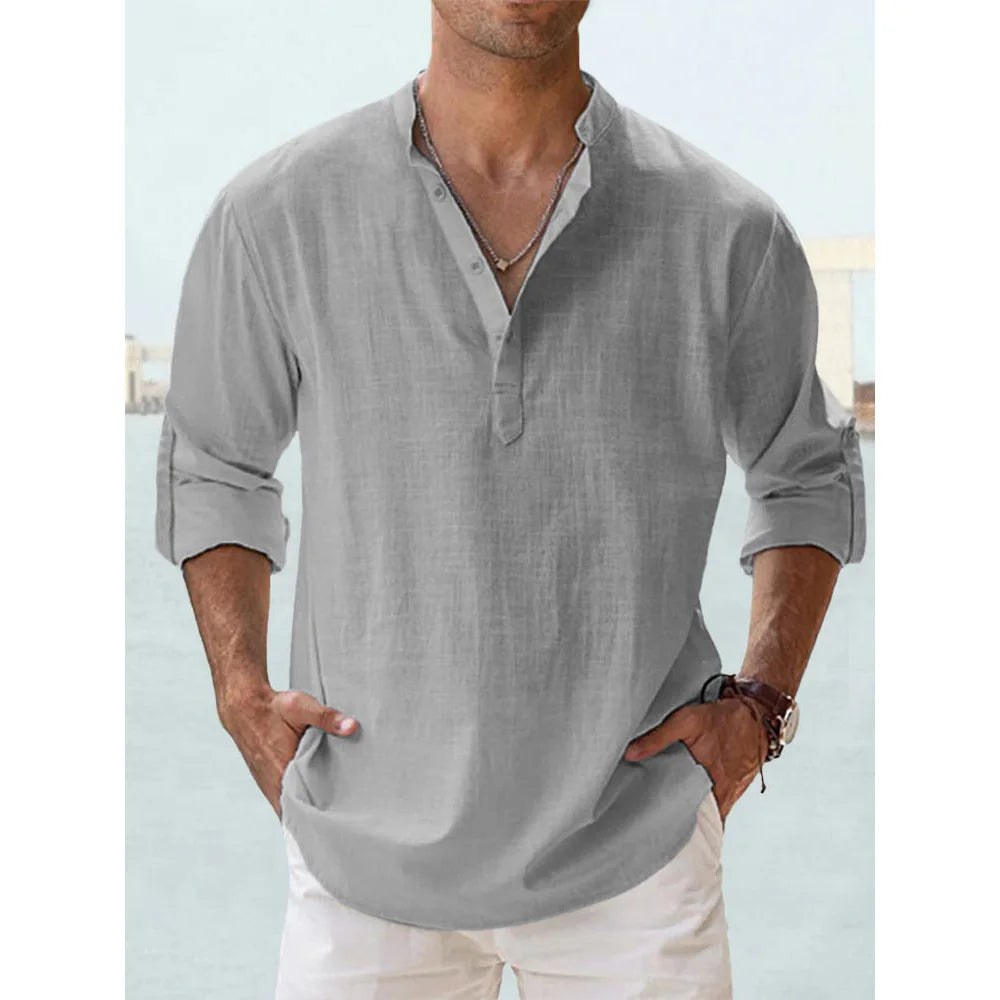 Nouvelles chemises en coton et lin pour hommes chemises décontractées légères à manches longues chemises de plage Henley t-shirts hawaïens pour hommes Streetwear