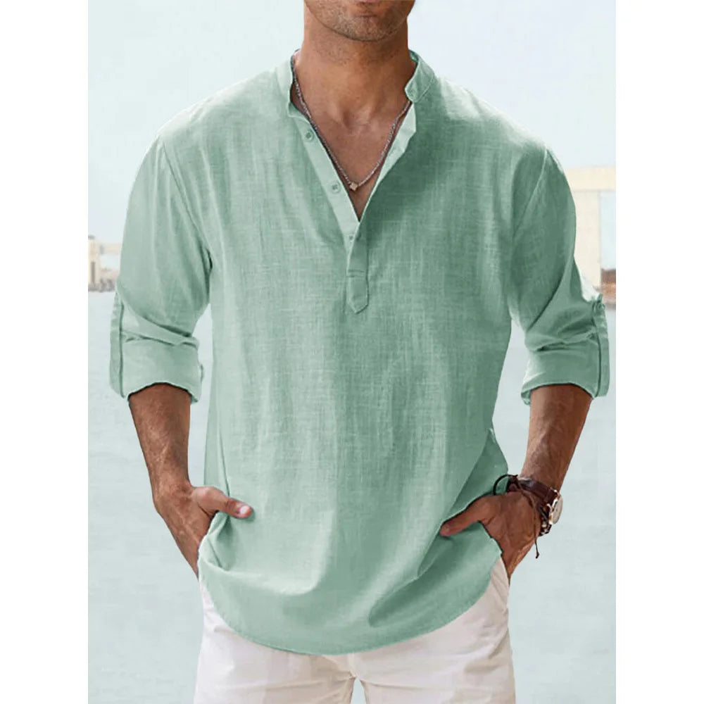 Nouvelles chemises en coton et lin pour hommes chemises décontractées légères à manches longues chemises de plage Henley t-shirts hawaïens pour hommes Streetwear