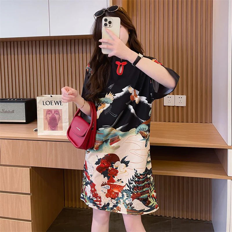 Mini robe à manches courtes pour femmes, robe trapèze décontractée, col montant, t-shirt imprimé vintage, style chinois, été
