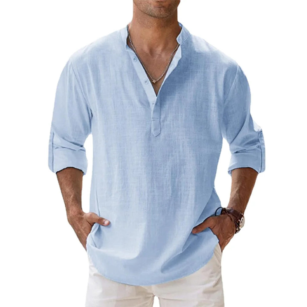 Nouvelles chemises en coton et lin pour hommes chemises décontractées légères à manches longues chemises de plage Henley t-shirts hawaïens pour hommes Streetwear