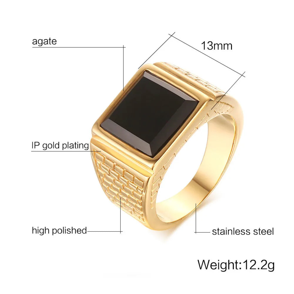 Bagues Punk plaquées or pour hommes, bague chevalière en pierre carrée géométrique noire, bague de pouce épaisse pour hommes