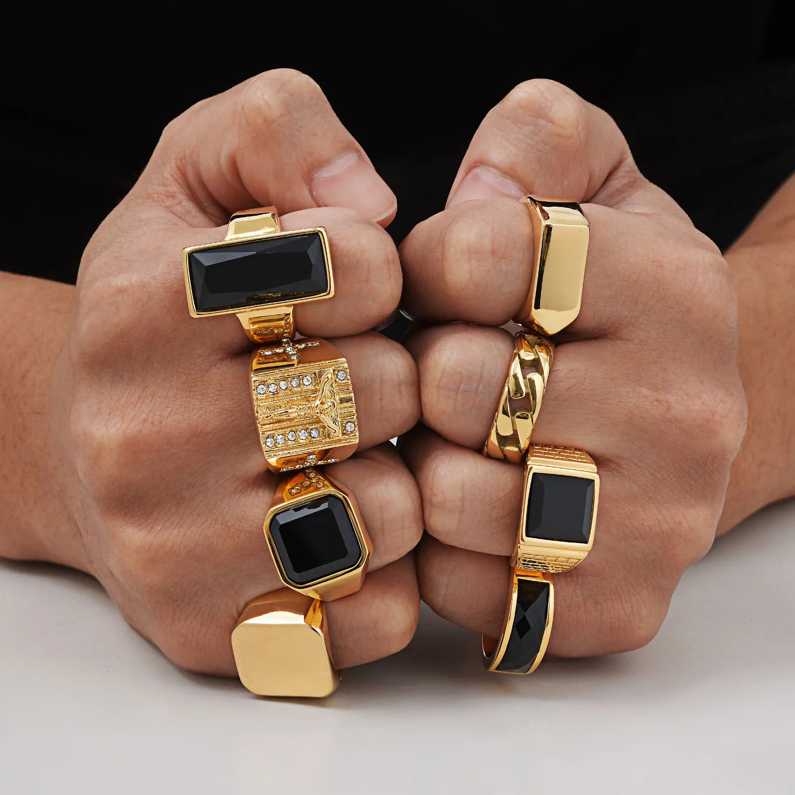 Bagues Punk plaquées or pour hommes, bague chevalière en pierre carrée géométrique noire, bague de pouce épaisse pour hommes