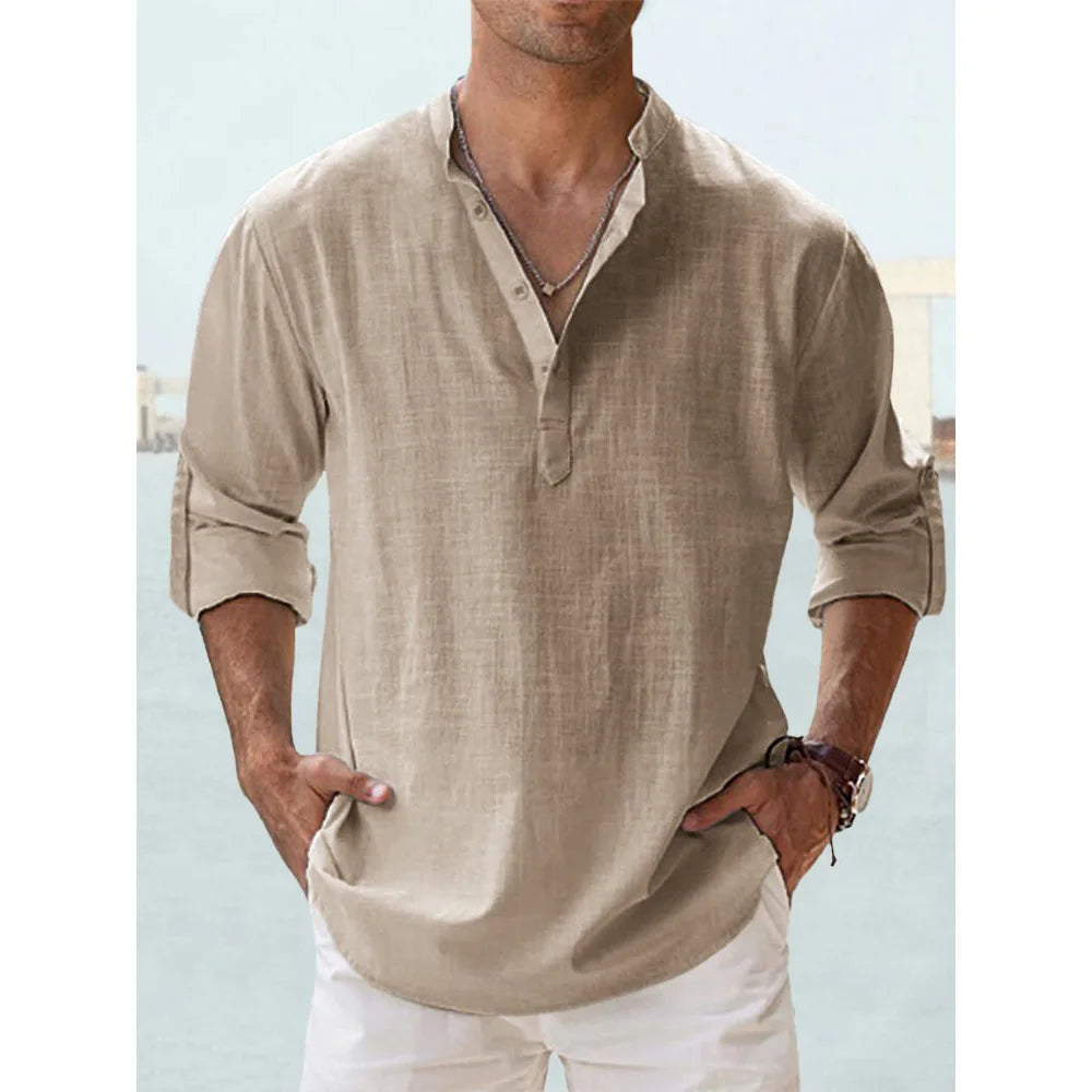 Nouvelles chemises en coton et lin pour hommes chemises décontractées légères à manches longues chemises de plage Henley t-shirts hawaïens pour hommes Streetwear