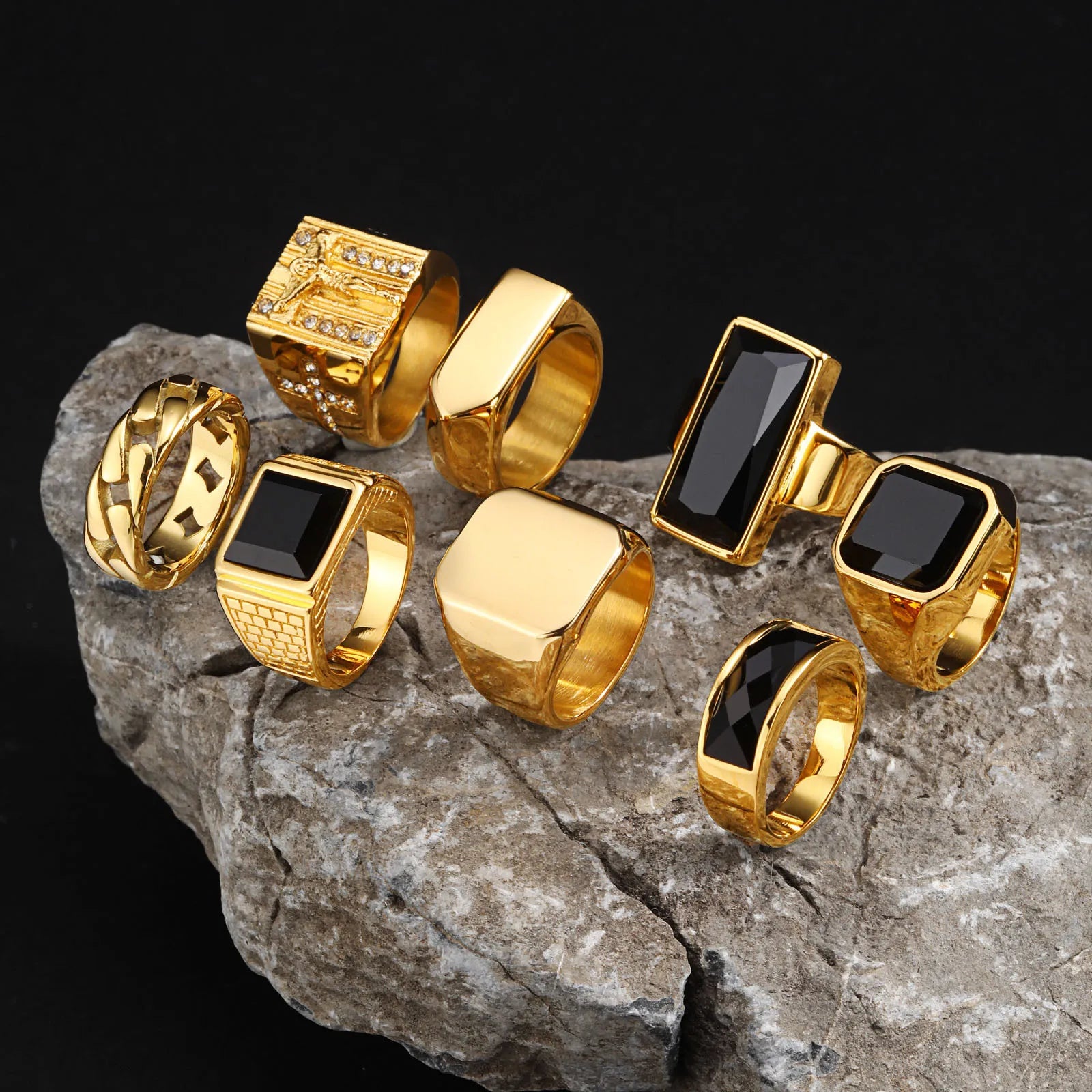 Bagues Punk plaquées or pour hommes, bague chevalière en pierre carrée géométrique noire, bague de pouce épaisse pour hommes
