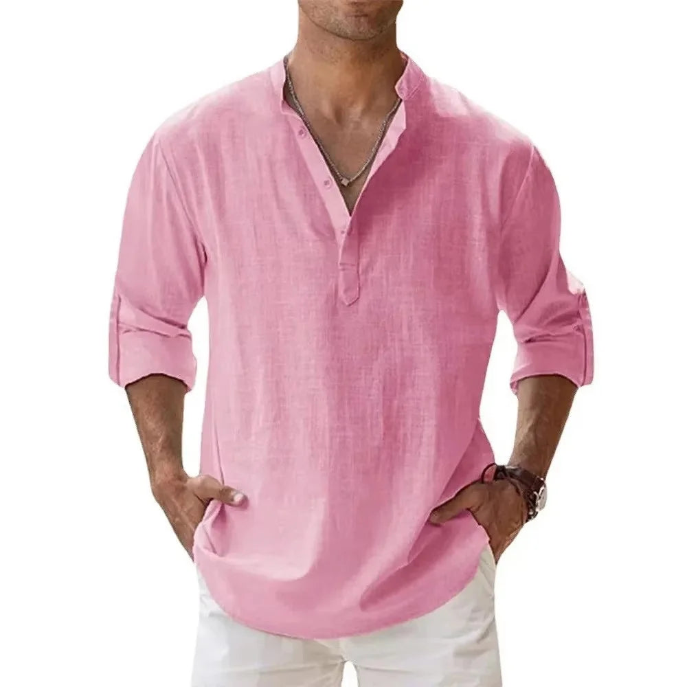 Nouvelles chemises en coton et lin pour hommes chemises décontractées légères à manches longues chemises de plage Henley t-shirts hawaïens pour hommes Streetwear