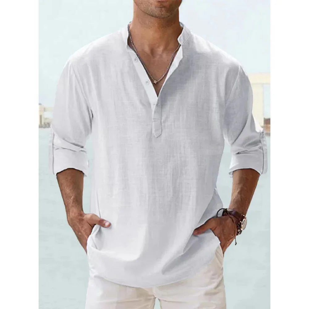 Nouvelles chemises en coton et lin pour hommes chemises décontractées légères à manches longues chemises de plage Henley t-shirts hawaïens pour hommes Streetwear