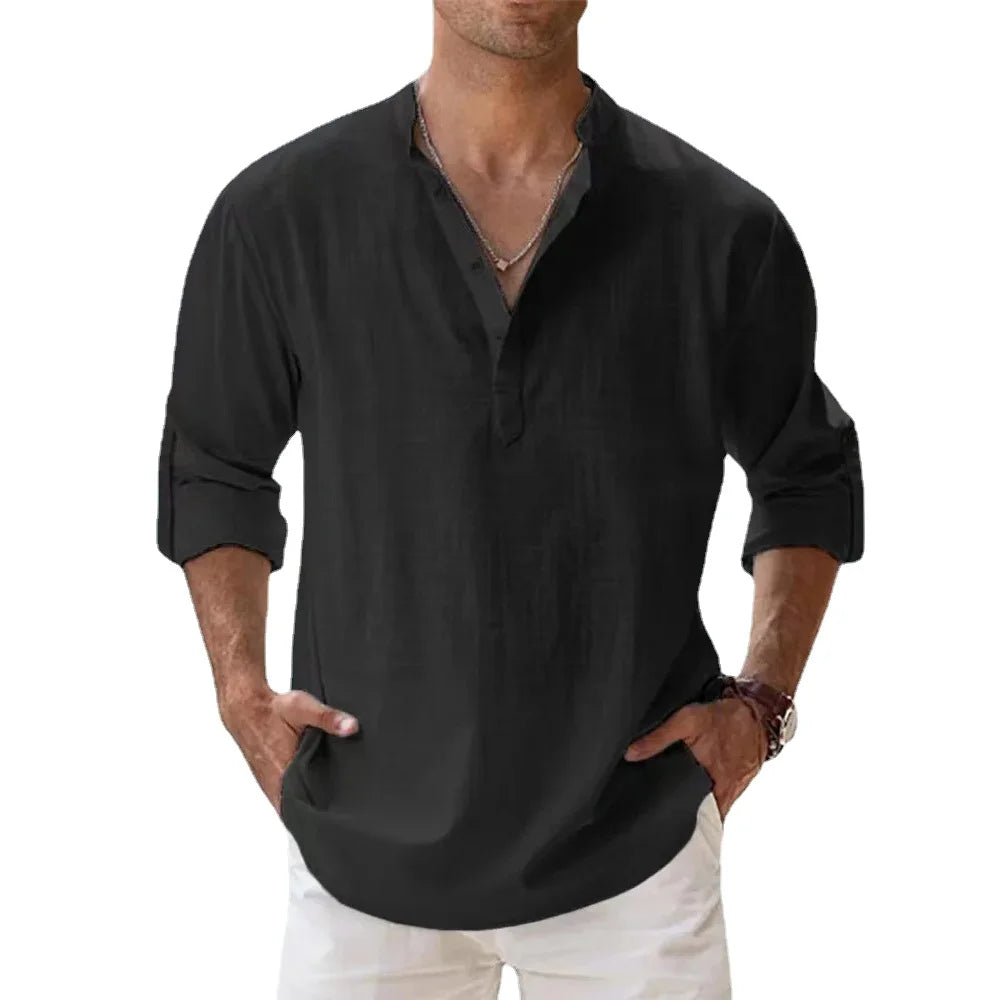 Nouvelles chemises en coton et lin pour hommes chemises décontractées légères à manches longues chemises de plage Henley t-shirts hawaïens pour hommes Streetwear
