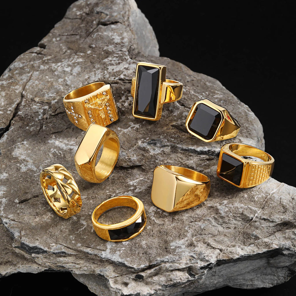 Bagues Punk plaquées or pour hommes, bague chevalière en pierre carrée géométrique noire, bague de pouce épaisse pour hommes