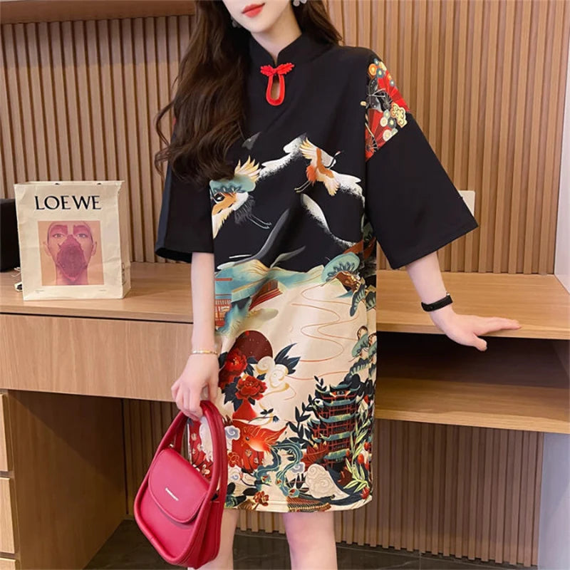 Mini robe à manches courtes pour femmes, robe trapèze décontractée, col montant, t-shirt imprimé vintage, style chinois, été