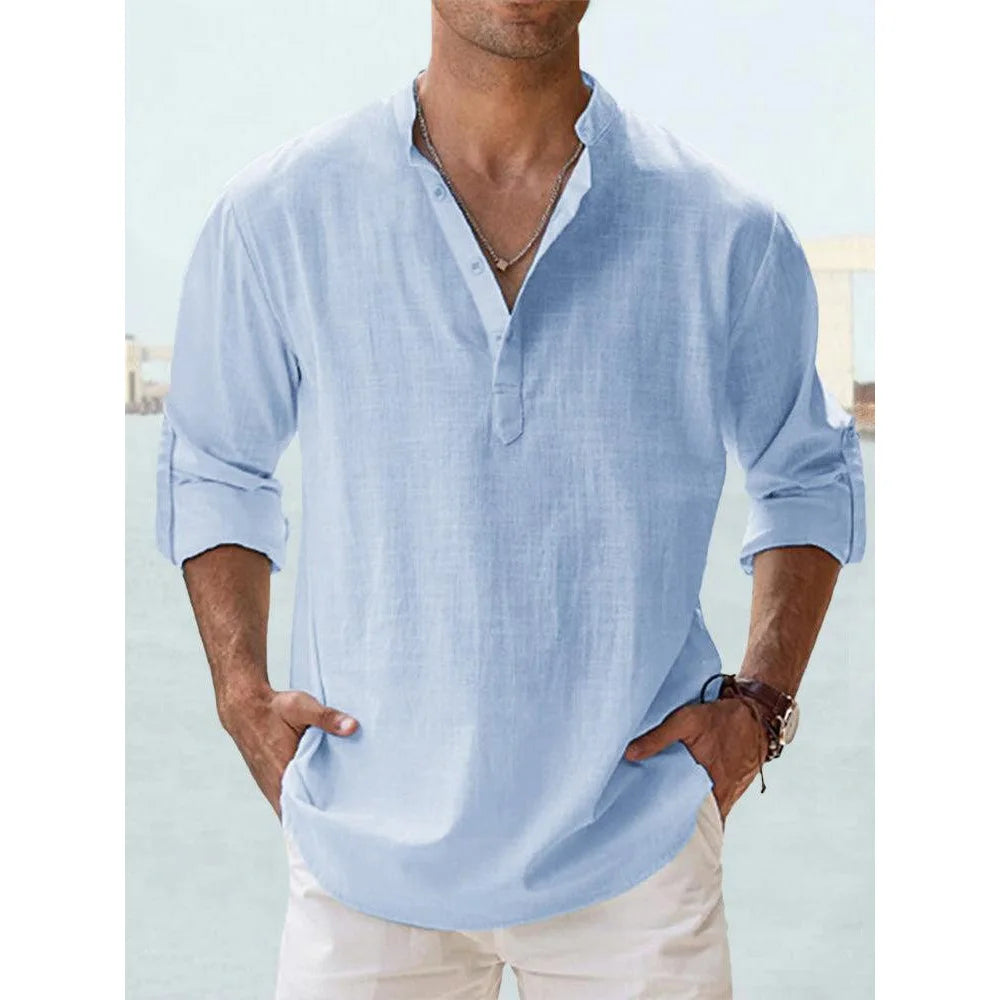 Nouvelles chemises en coton et lin pour hommes chemises décontractées légères à manches longues chemises de plage Henley t-shirts hawaïens pour hommes Streetwear