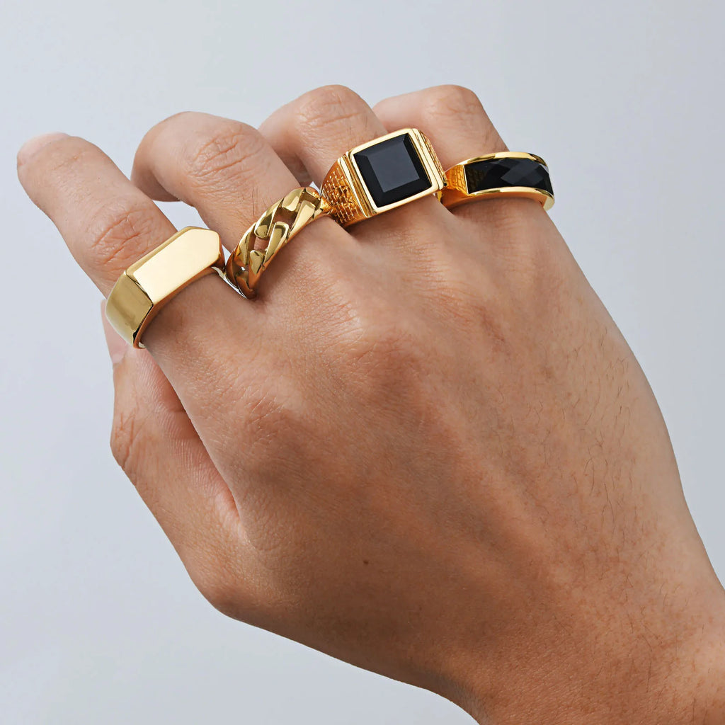 Bagues Punk plaquées or pour hommes, bague chevalière en pierre carrée géométrique noire, bague de pouce épaisse pour hommes