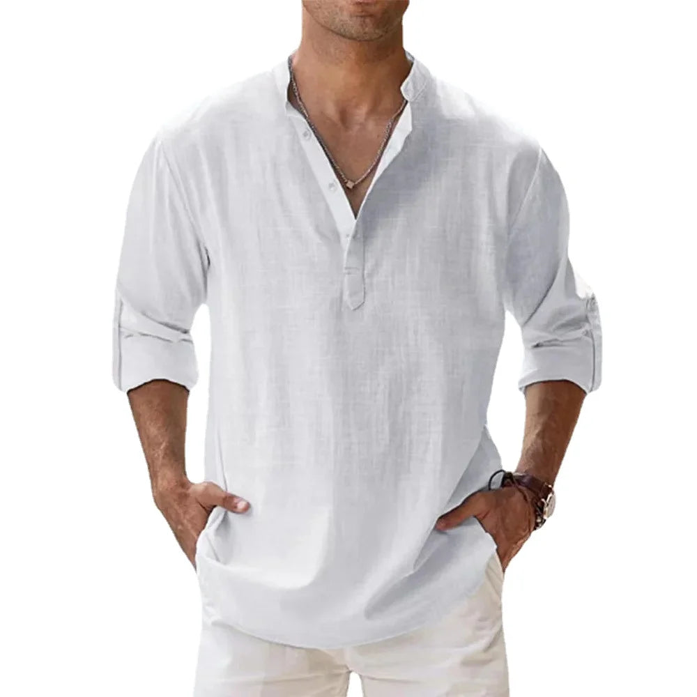 Nouvelles chemises en coton et lin pour hommes chemises décontractées légères à manches longues chemises de plage Henley t-shirts hawaïens pour hommes Streetwear