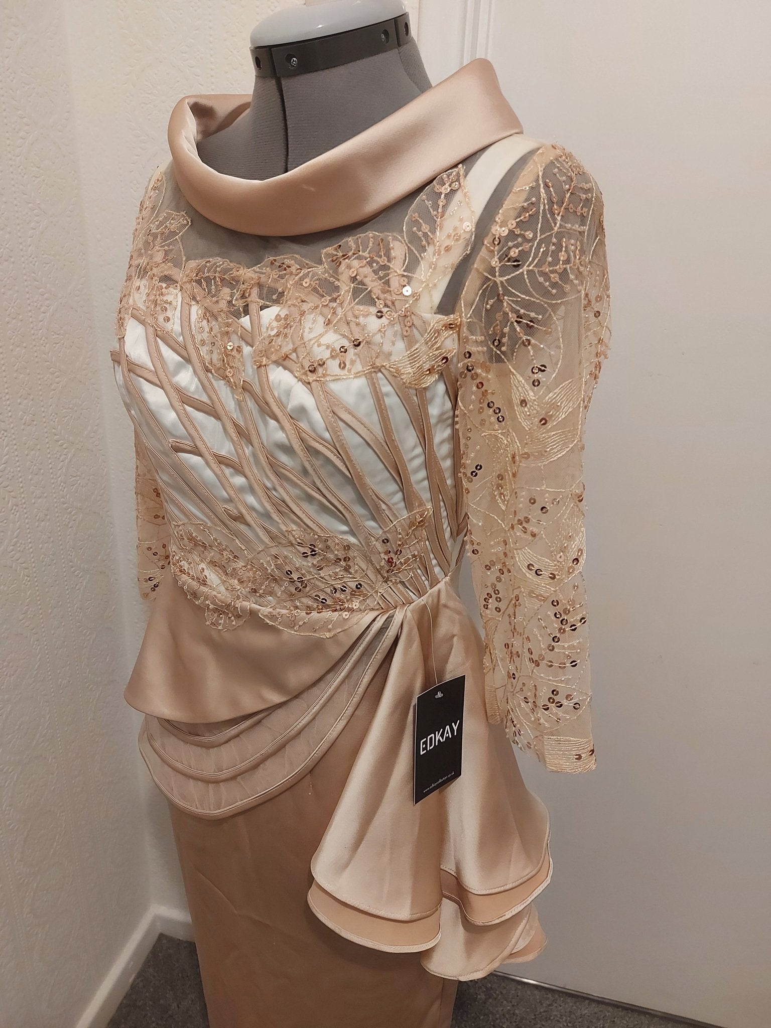 Champagne peplum lace appliqued mother of the bride dress
