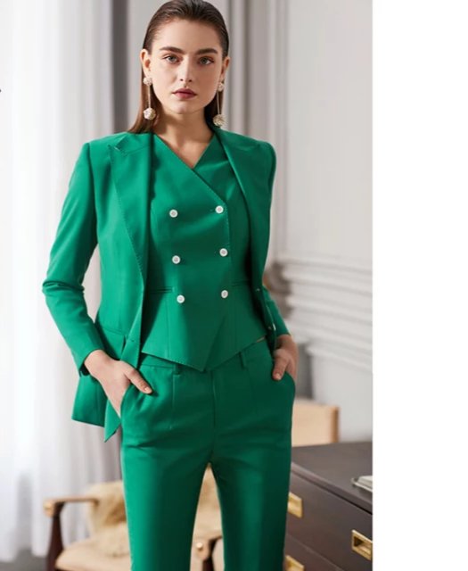 Green 3-piece midi pants suit with double breasted vest (UK size 10)