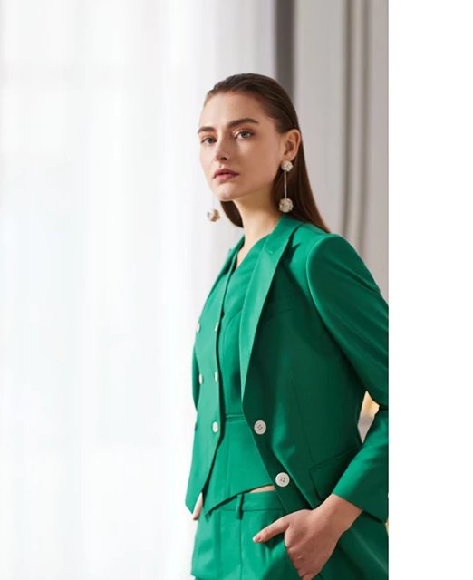 Green 3-piece midi pants suit with double breasted vest (UK size 10)
