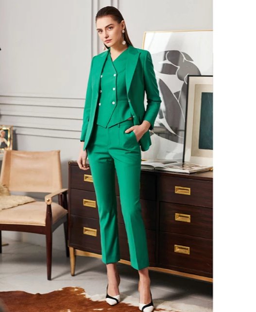 Green 3-piece midi pants suit with double breasted vest (UK size 10)