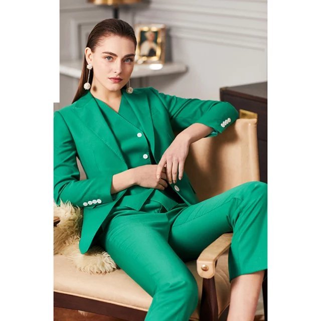 Green 3-piece midi pants suit with double breasted vest (UK size 10)